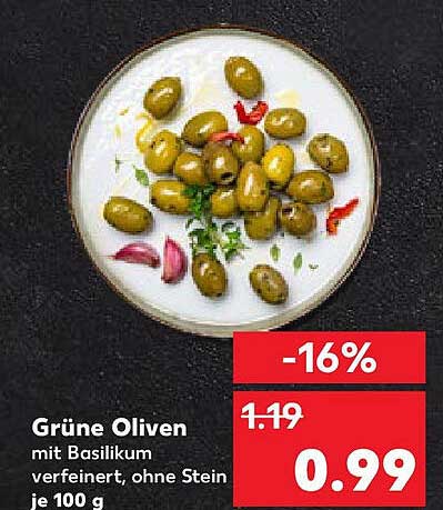 Grüne Oliven mit Basilikum verfeinert, ohne Stein je 100 g