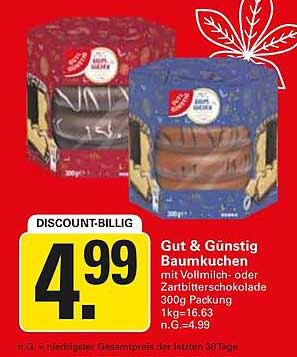 Gut & Günstig Baumkuchen mit Vollmilch- oder Zartbitterschokolade 300g