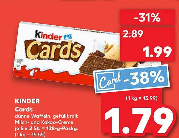 KINDER Cards - dünne Waffeln, gefüllt mit Milch- und Kakao-Creme