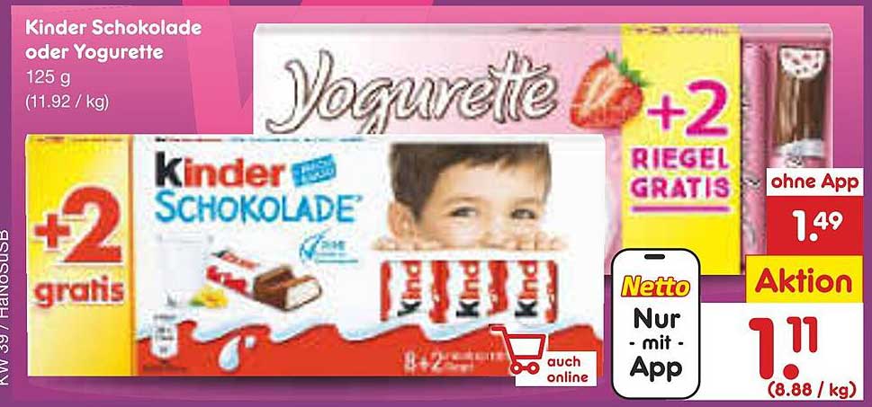 Kinder Schokolade oder Yogurette 125 g mit 2 Riegel gratis