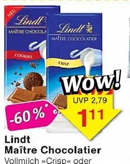 Lindt Maître Chocolatier Vollmilch "Crisp" oder "Cookies" – nur 1,11€!