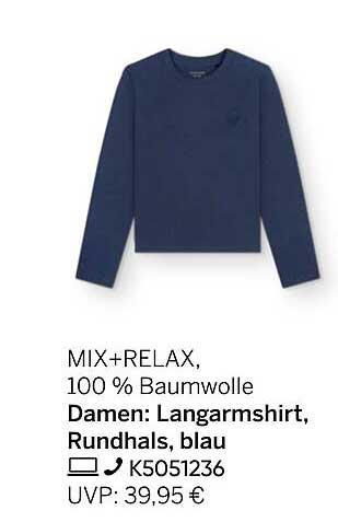 MIX+RELAX Damen: Langarmshirt, Rundhals, blau