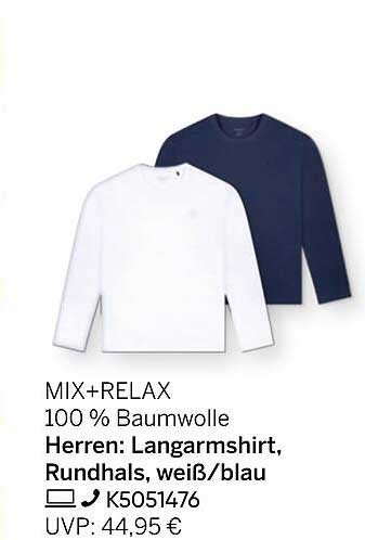 MIX+RELAX Herren: Langarmshirt, Rundhals, weiß/blau