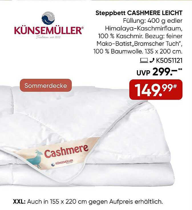 Steppbett CASHMERE LEICHT