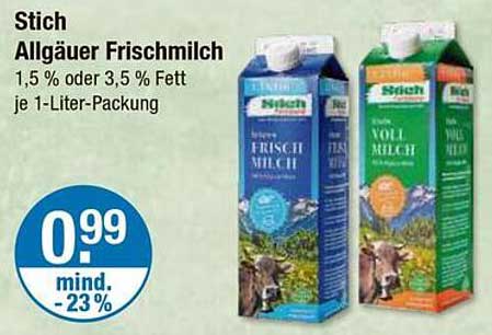 Stich Allgäuer Frischmilch 1,5 % oder 3,5 % Fett je 1-Liter-Packung