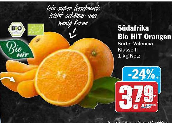 Südafrika Bio HIT Orangen Sorte: Valencia Klasse II 1 kg Netz