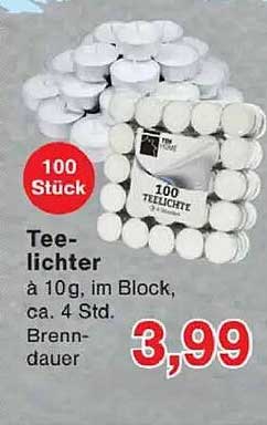 Teelichter 100 Stück im Block, ca. 4 Std. Brenndauer