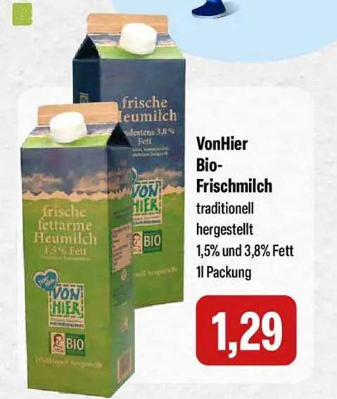 VonHier Bio-Frischmilch 1,5% und 3,8% Fett 1l Packung