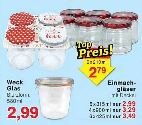 Weck Glas Sturzform, 580ml und Einmachgläser mit Deckel
