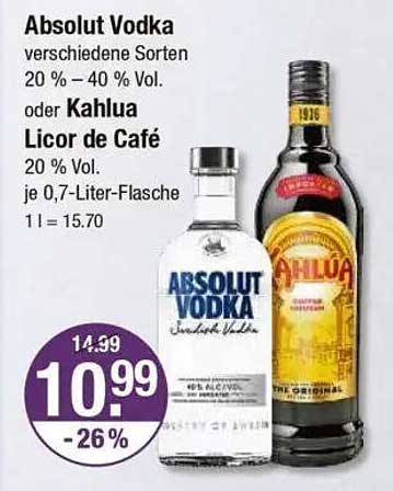 Absolut Vodka verschiedene Sorten 20 % – 40 % Vol oder Kahlua Licor de Café 20 % Vol je 0,7-Liter-Flasche