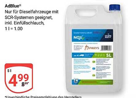 AdBlue® 5L - Nur für Dieselfahrzeuge mit SCR-Systemen geeignet, inkl. Einfüllschlauch