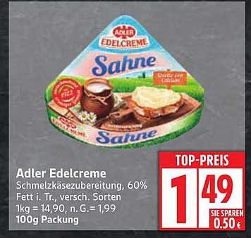 Adler Edelcreme - Schmelzkäsezubereitung, 60% Fett i. Tr., verschiedene Sorten