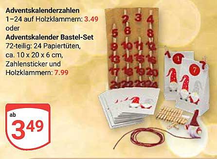 Adventskalenderzahlen 1–24 auf Holzklammern oder Adventskalender Bastel-Set 72-teilig