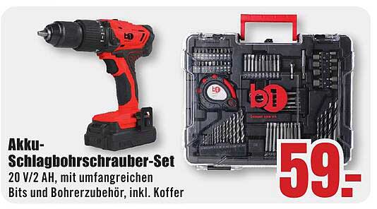 Akku-Schlagbohrschrauber-Set 20 V/2 AH, mit umfangreichen Bits und Zubehör, inkl. Koffer