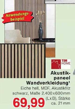 Akustikpaneel Wandverkleidung - Eiche hell, MDF, Akustikfilz schwarz, Maße 2.400 x 600mm, Stärke ca. 21mm