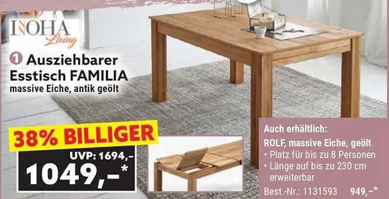 Auziehbarer Esstisch FAMILIA aus massiver Eiche, antik geölt