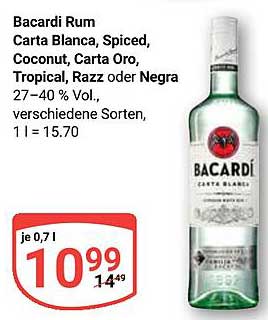 Bacardi Rum - Carta Blanca, Spiced, Coconut, Carta Oro, Tropical, Razz oder Negra 0,7 l
