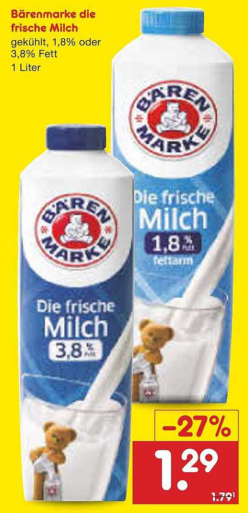 Bärenmarke die frische Milch 1 Liter, gekühlt, 1,8% oder 3,8% Fett