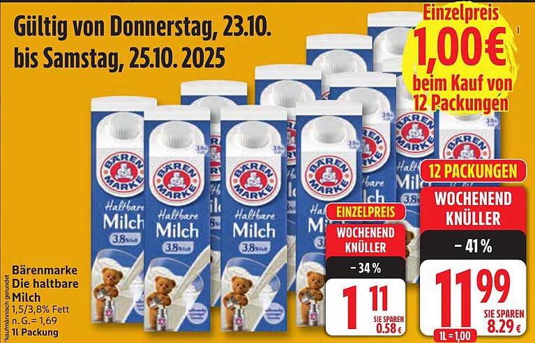 Bärenmarke Halbfare Milch 3,8% Fett - 12 Packungen zum Sparpreis