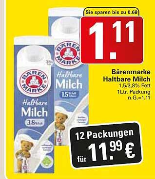 Bärenmarke Haltbare Milch 1,5/3,8% Fett 1L