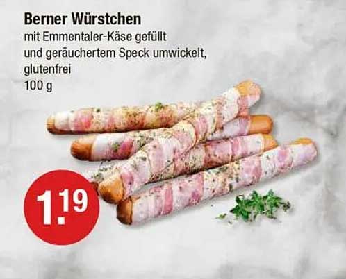 Berner Würstchen mit Emmentaler-Käse gefüllt und geräuchertem Speck umwickelt, glutenfrei