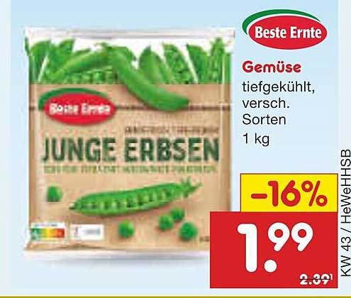Beste Ernte Junge Erbsen – Tiefgekühlt, 1 kg