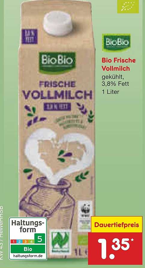 Bio Frische Vollmilch 1 Liter, 3,8% Fett
