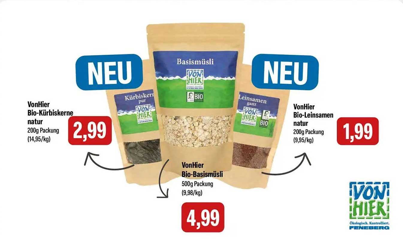 Bio-Kürbiskerne natur 200g | Bio-Leinsamen natur 200g | Bio-Basis-Müsli 500g
