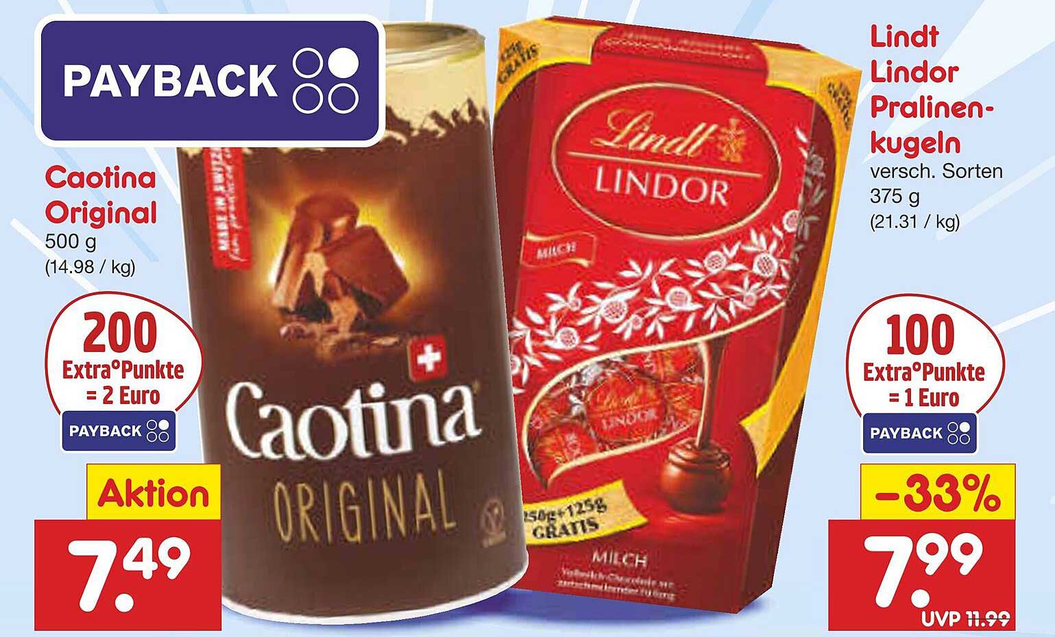 Caotina Original 500 g und Lindt Lindor Pralinenkugeln 375 g
