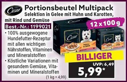 Cesar Portionsbeutel Multipack Selektion in Gelee mit Huhn und Karotten, mit Rind und Gemüse