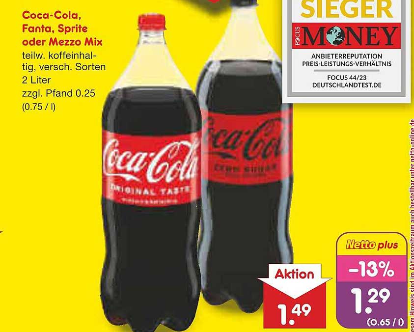 Coca-Cola, Fanta, Sprite oder Mezzo Mix 2 Liter