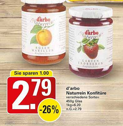 d'arbo Naturrein Konfitüre verschiedene Sorten 450g Glas