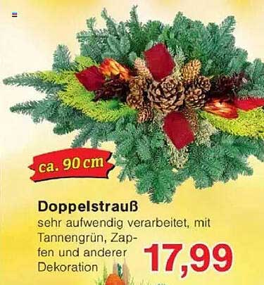 Doppelstrauß – sehr aufwendig verarbeitet, mit Tannengrün, Zapfen und anderer Dekoration