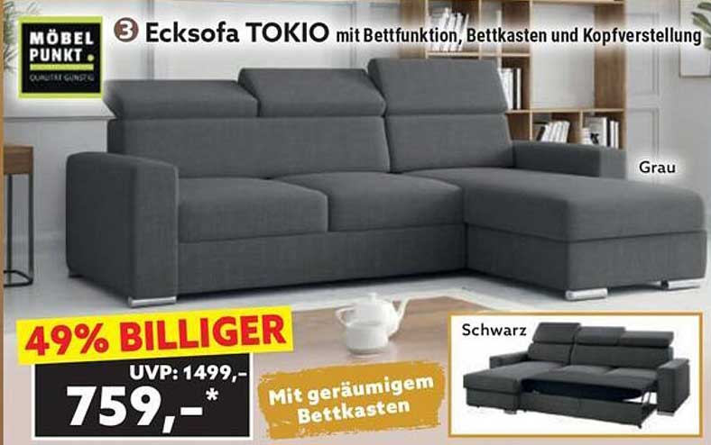 Ecksofa TOKIO mit Bettfunktion, Bettkasten und Kopfverstellung