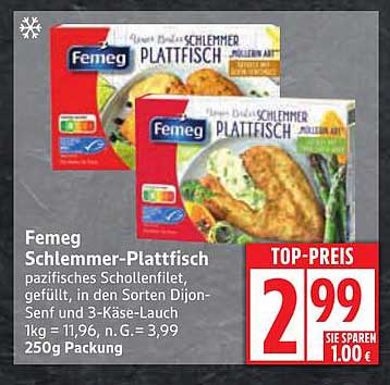 Femeg Schlemmer-Plattfisch - Pazifisches Schollenfilet, gefüllt in den Sorten Dijon-Senf und 3-Käse-Lauch