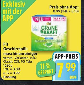 Fit Geschirrspülmaschinenreiniger - Grüne Kraft - 90 Tabs