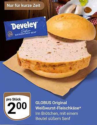GLOBUS Original Weißwurst-Fleischkäse im Brötchen mit süßem Senf