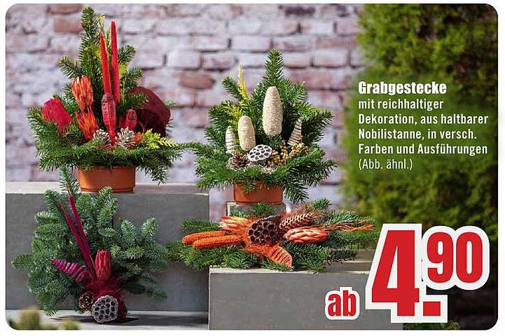 Grabgestecke mit reichhaltiger Dekoration, aus haltbarer Nobiltanne, in versch. Farben und Ausführungen.