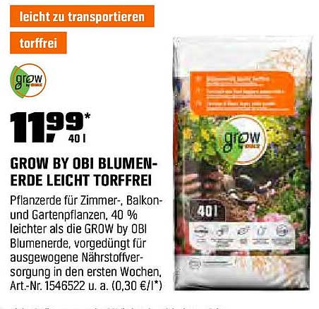 GROW BY OBI BLUMEN-ERDE LEICHT TORFFREI 40 L