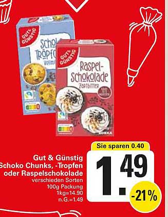 Gut & Günstig Schoko Chunks, -Tropfen oder Raspelschokolade 100g