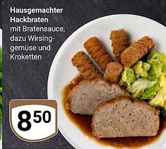 Hausgemachter Hackbraten mit Bratensauce, dazu Wirsinggemüse und Kroketten