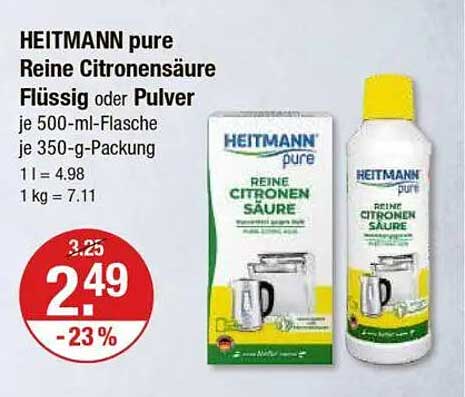 HEITMANN pure Reine Citronensäure Flüssig oder Pulver je 500-ml-Flasche oder 350-g-Packung
