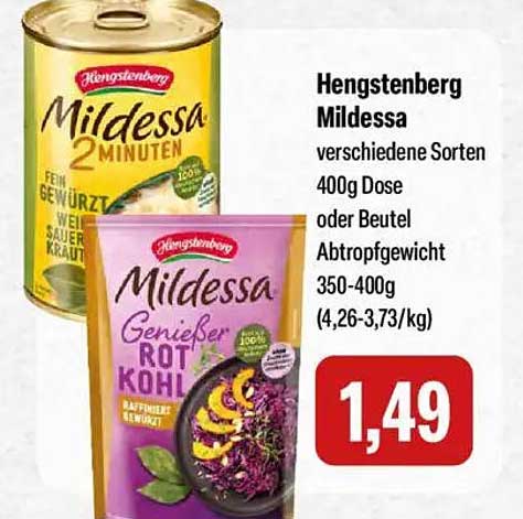 Hengstenberg Mildessa verschiedene Sorten 400g Dose oder Beutel Abtropfgewicht 350-400g