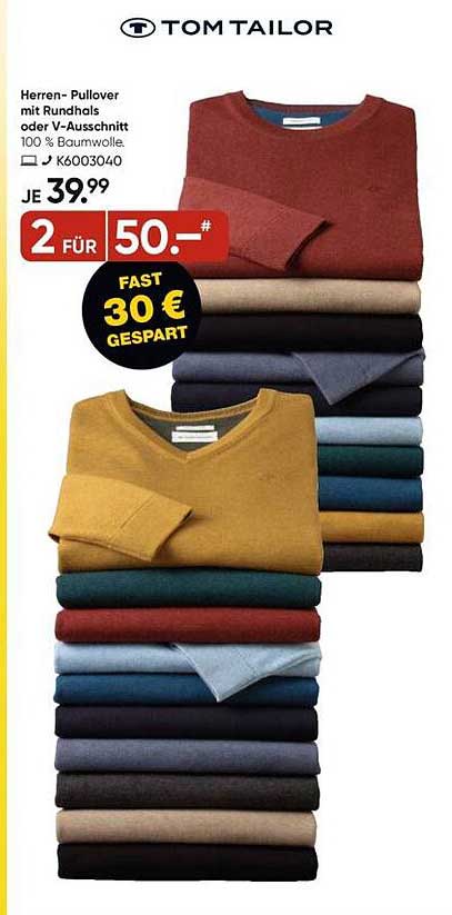 Herren-Pullover mit Rundhals oder V-Ausschnitt von Tom Tailor - 2 für 50 €