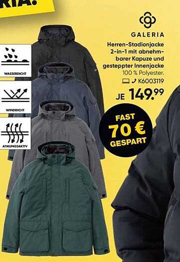 Herren-Stadionjacke 2-in-1 mit abnehmbarer Kapuze und gestepptem Innenjacke