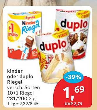 Kinder oder Duplo Riegel, verschieden Sorten 10+1 Riegel