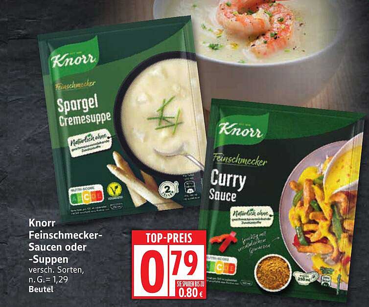 Knorr Feinschmecker-Saucen oder -Suppen, verschiedene Sorten, n. G. = 1,29 Beutel