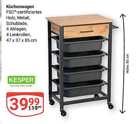Küchenwagen FSC®-zertifiziert, Holz, Metall, 4 Ablagen