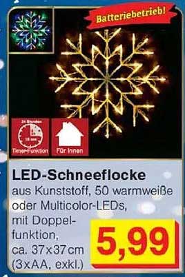 LED-Schneeflocke aus Kunststoff, 50 warmweiße oder Multicolor-LEDs, mit Doppel-Funktion, ca. 37x37 cm (3xAA, exkl.)