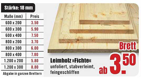 Leimholz 'Fichte' unfoliert, stabverleimt, feingeschliffen – ab 3,50 €